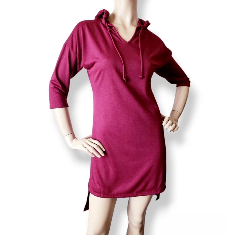 Burgundy High Low Sweater Dress With Hoodie by Magic Fit